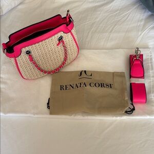 Renata Corsi Woven Shoulder Tote with Hot Pink Trim